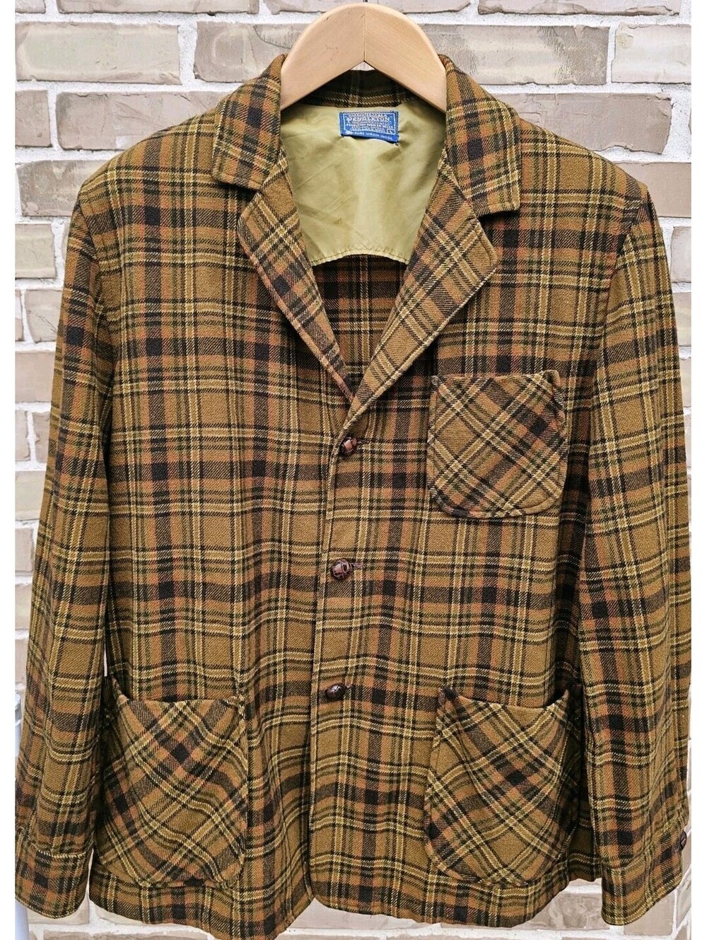 Vintage Pendleton Wool Plaid Jacket Men's L Brown Button Front Lined Pockets